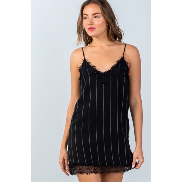 Black pinstripe lace trim slip mini dress - Picture 2 of 5